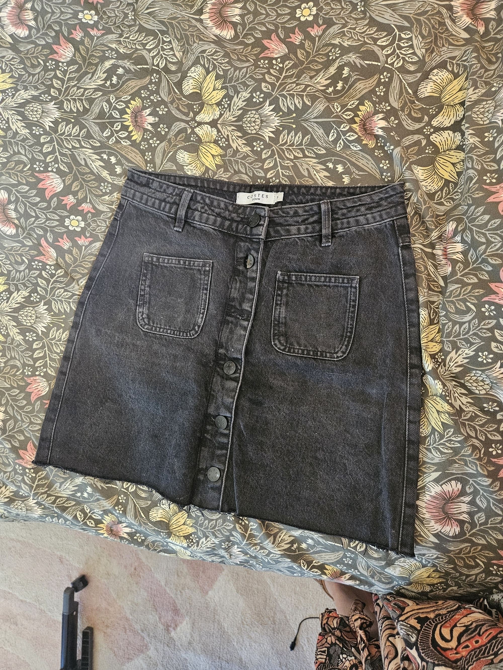 Washed Black Button-Front Mini Skirt with Patch Pockets